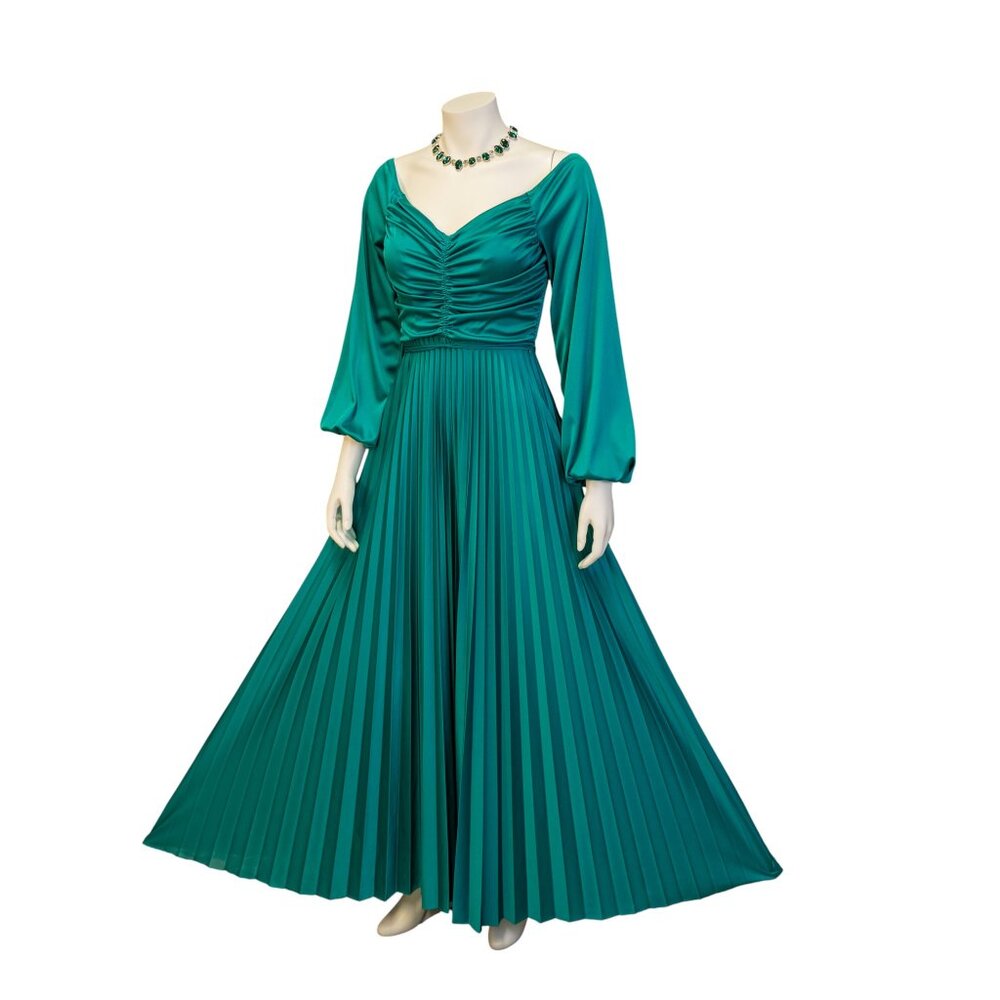 Vintage 1970s Teal Maxi Dress w/Ruched Bodice Pleated Skirt & Bishop Sleeves